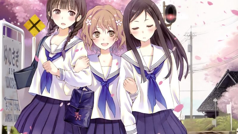 Three schoolgirls in a cherry blossom scene