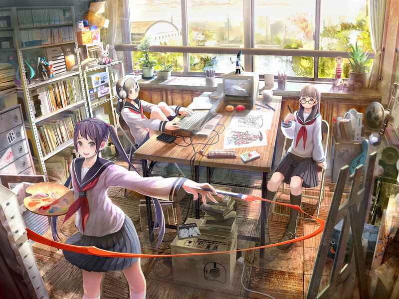 Three Schoolgirls in a Studio