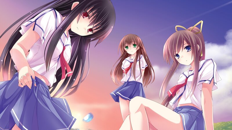 Three schoolgirls in a sunset scene