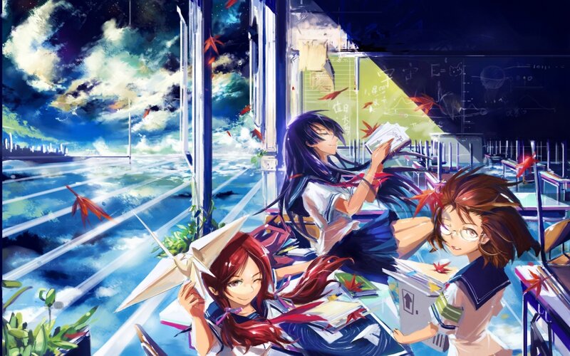 Three Schoolgirls in Classroom — Blue, Dramatic