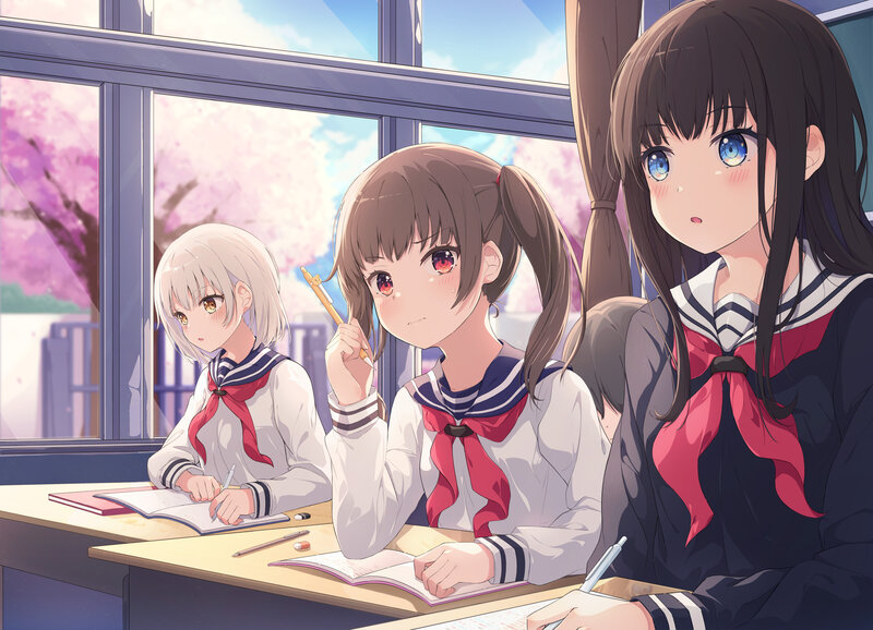 Three Schoolgirls in Classroom — White, Calm
