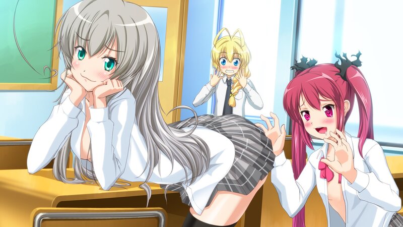 Three Schoolgirls in Classroom — White, Playful, Afternoon