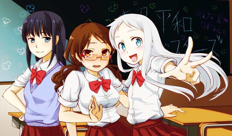 Three Schoolgirls in Classroom — White