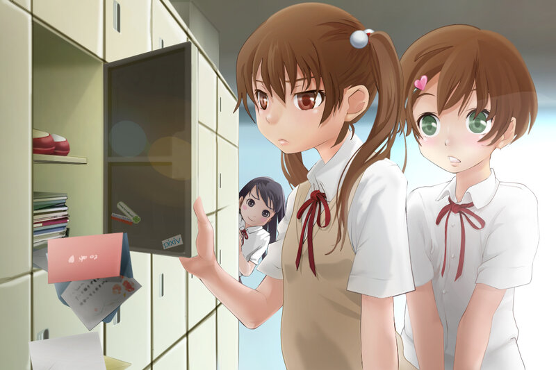 Three Schoolgirls in Hallway — Brown