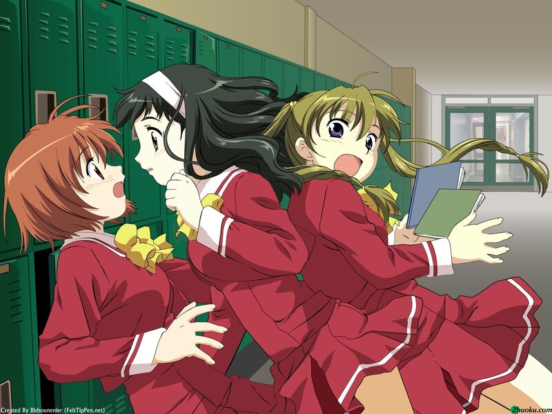 Three Schoolgirls in Hallway — Red