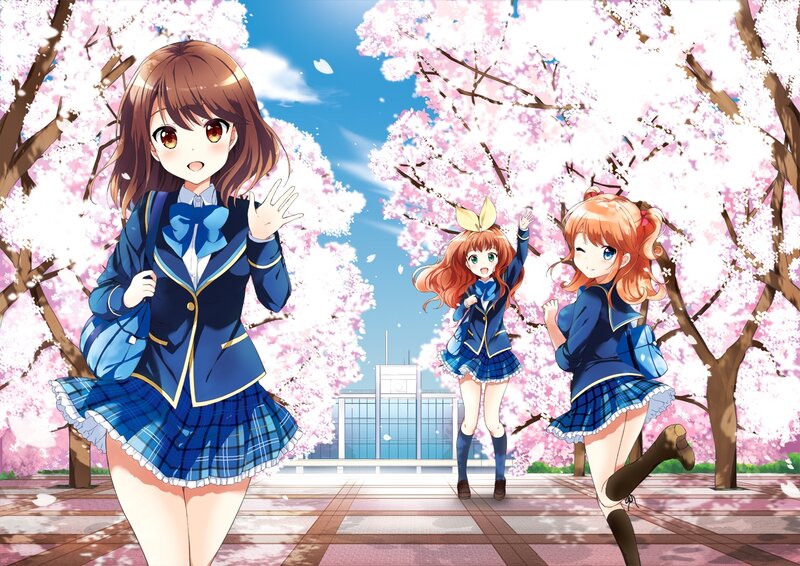 Three Schoolgirls in Uniform — Blue, Cheerful, Spring