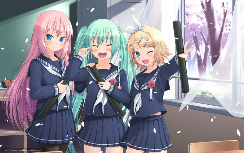 Three Schoolgirls in Uniform — Blue, Cheerful