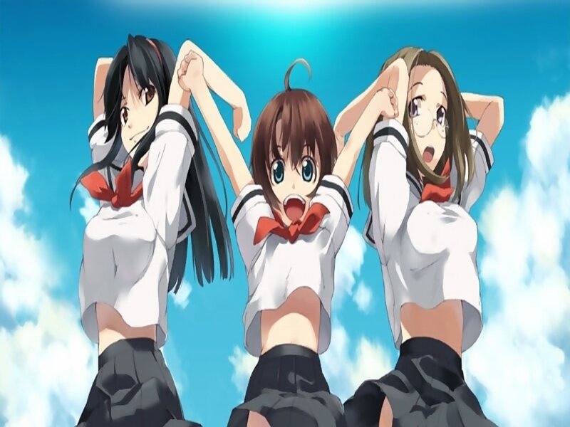 Three Schoolgirls in Uniform — Blue, Energetic