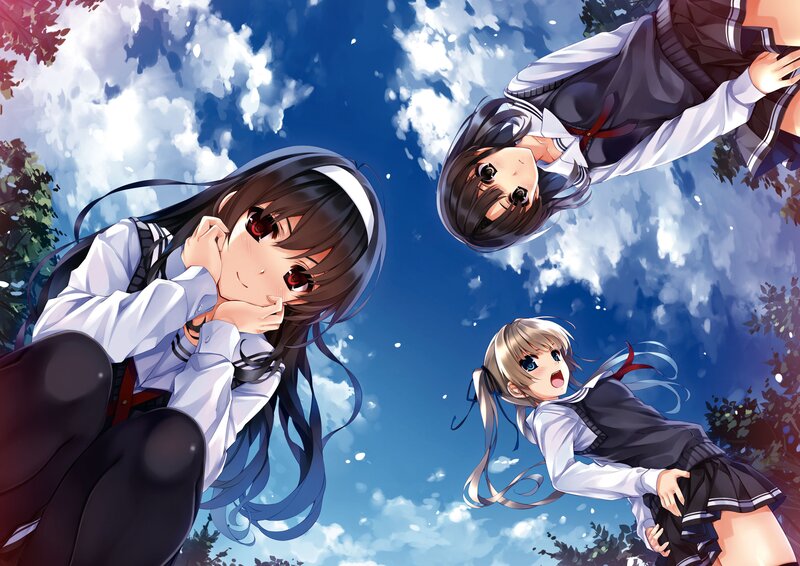 Three Schoolgirls in Uniform — Blue, Serene, Afternoon