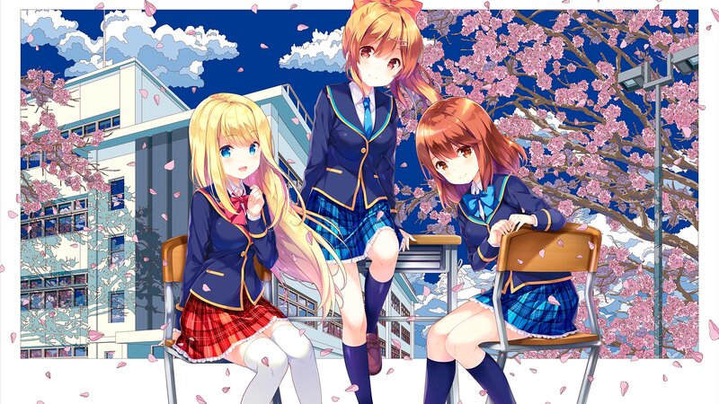 Three Schoolgirls in Uniform — Blue, Serene, Spring
