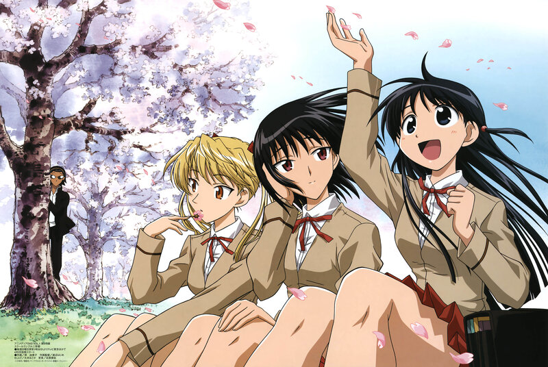 Three Schoolgirls in Uniform — Brown, Cheerful, Spring, Anime