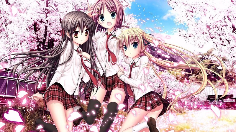 Three Schoolgirls in Uniform — Pink, Serene, Spring, Anime