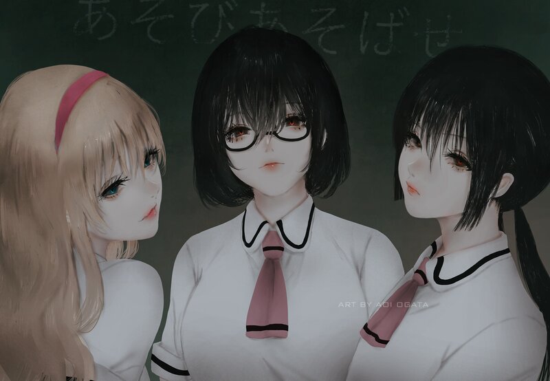 Three Schoolgirls in Uniform — White, Dramatic