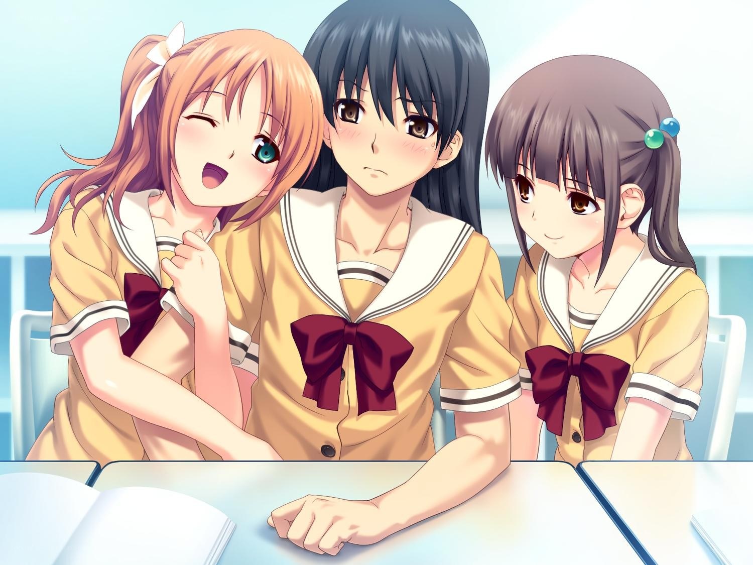 Three schoolgirls in uniforms