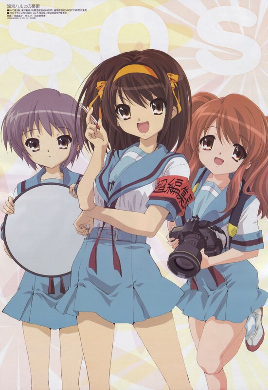 Three Schoolgirls in Uniforms — Blue, Cheerful, Anime