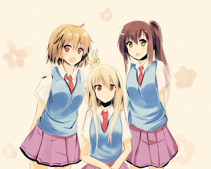 Three Schoolgirls in Uniforms — Blue, Cheerful, Spring
