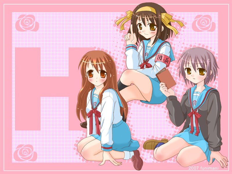 Three Schoolgirls in Uniforms — Pink, Cheerful, Anime