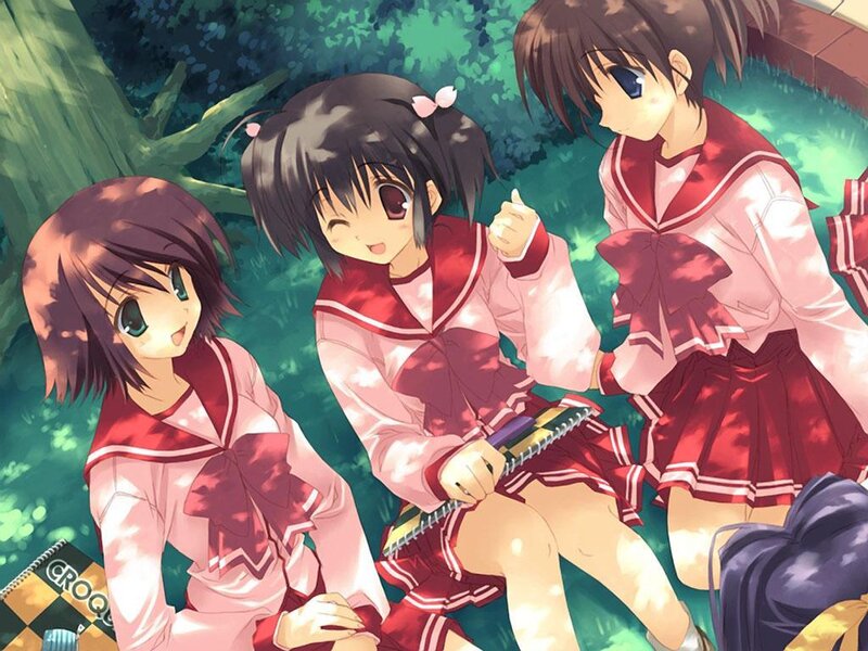 Three Schoolgirls in Uniforms — Red, Peaceful