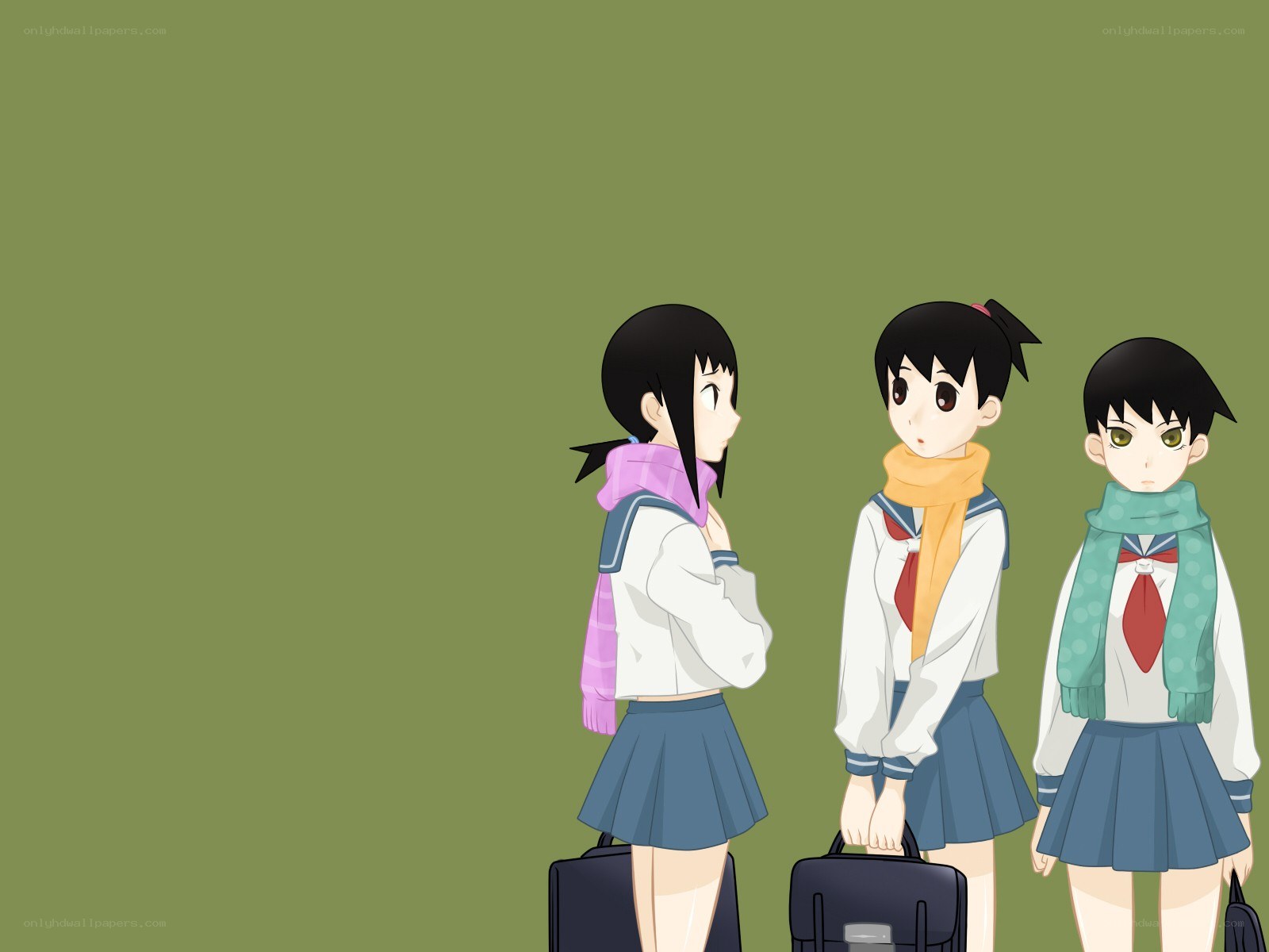 three schoolgirls in winter
