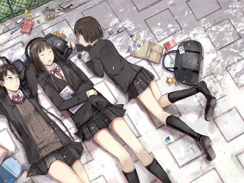 Three Schoolgirls Lying Down — Gray
