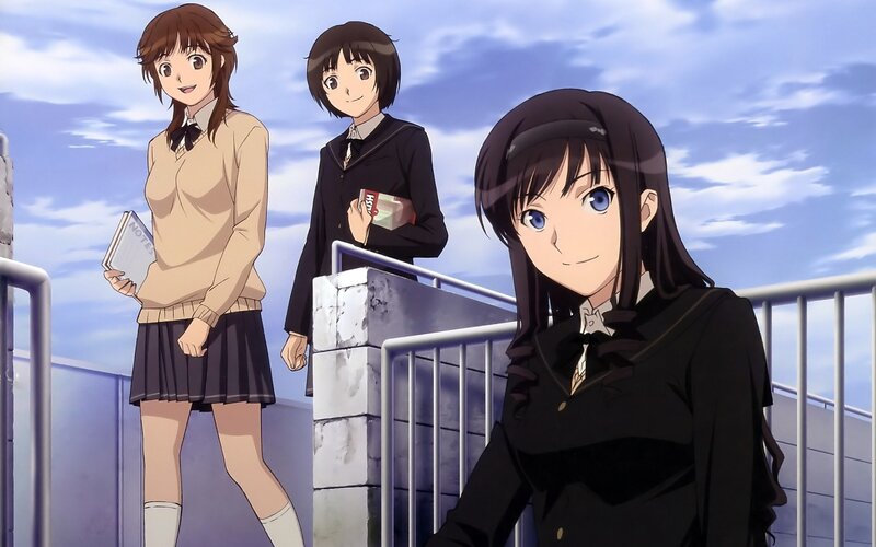 Three Schoolgirls on a Rooftop — Blue