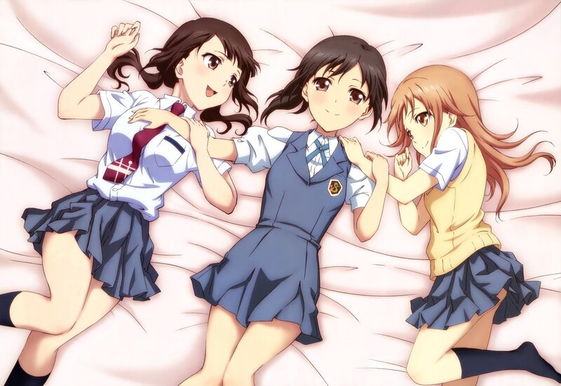 Three Schoolgirls on Bed — Blue
