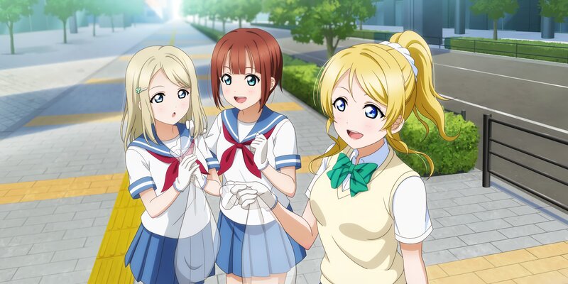 Three Schoolgirls on Sidewalk