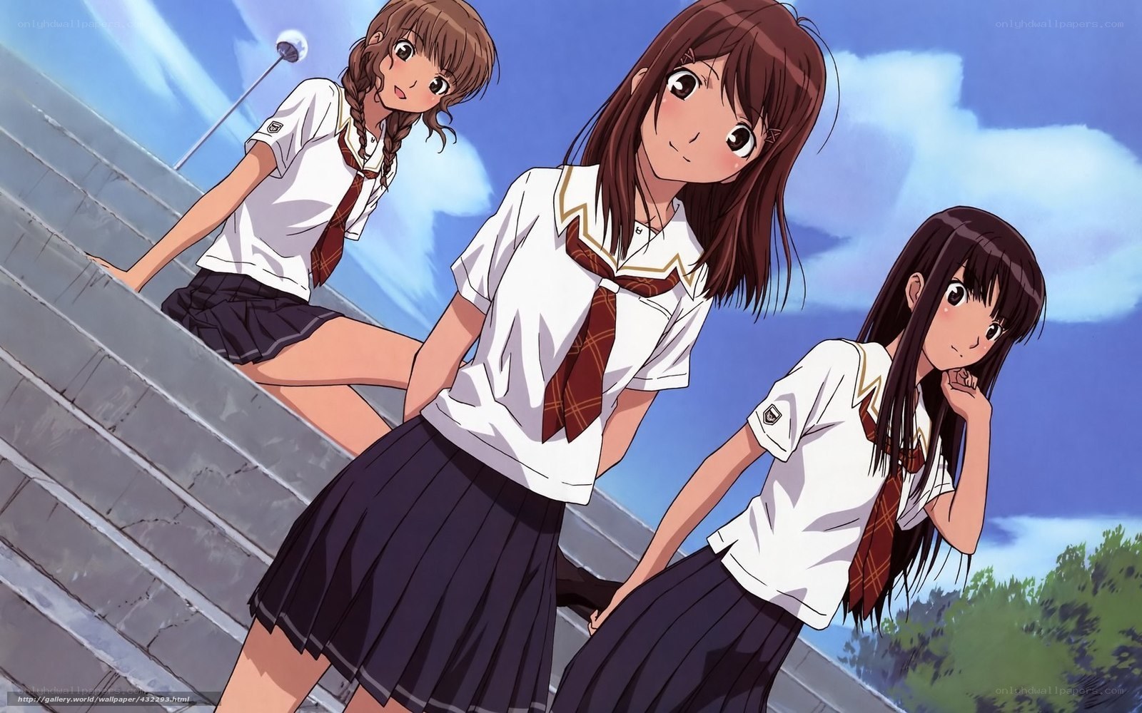 three schoolgirls on stairs