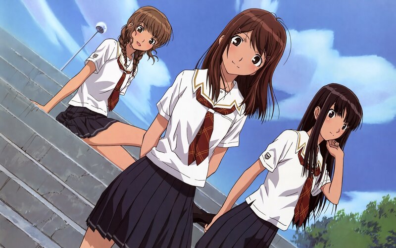 three schoolgirls on stairs