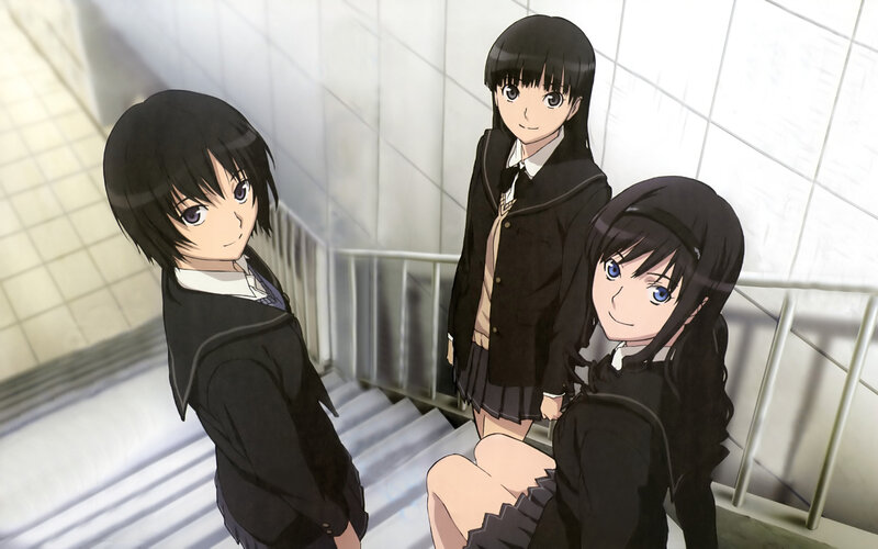 Three Schoolgirls on Stairs — Black, Calm, Anime, School Uniforms, Railings