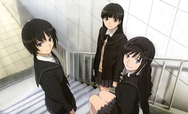 Three Schoolgirls on Stairs — Black, Calm, Anime, School Uniforms, Railings, White, Gray