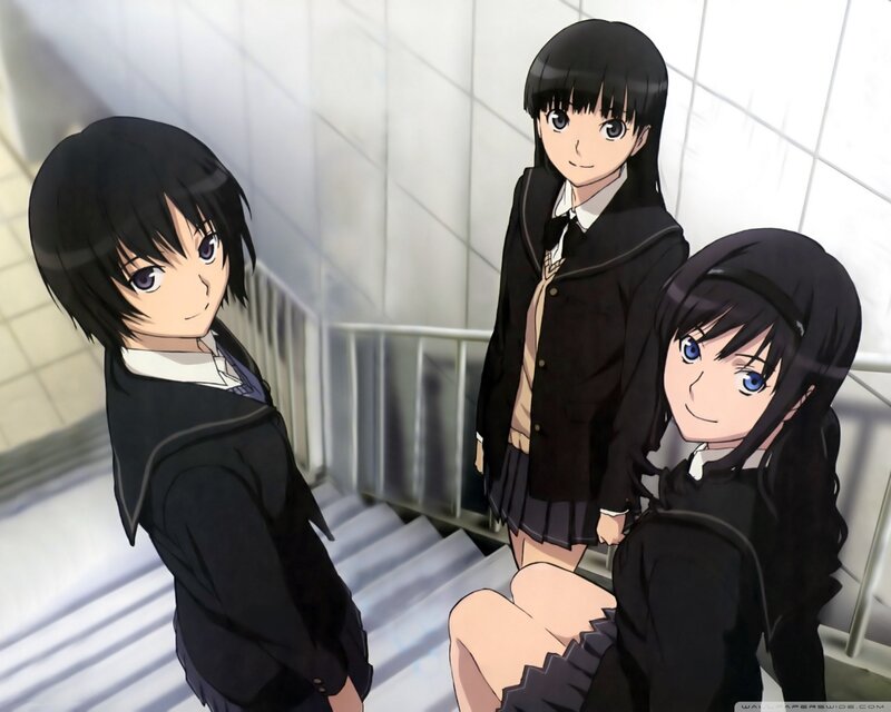 Three Schoolgirls on Stairs — Black, Calm, Anime