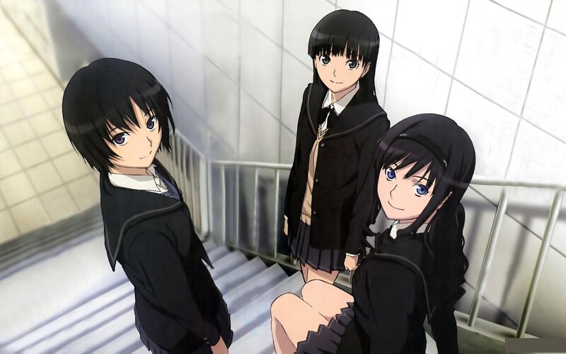 Three Schoolgirls on Stairs — Black, Calm