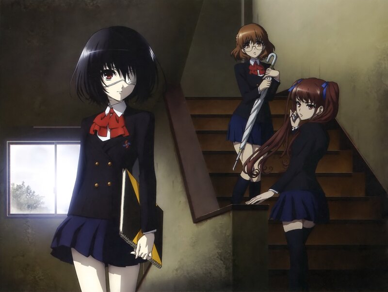 Three Schoolgirls on Stairs — Black, Dramatic, Anime
