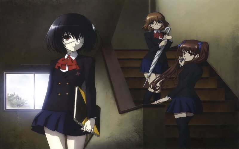 Three Schoolgirls on Stairs — Black, Dramatic
