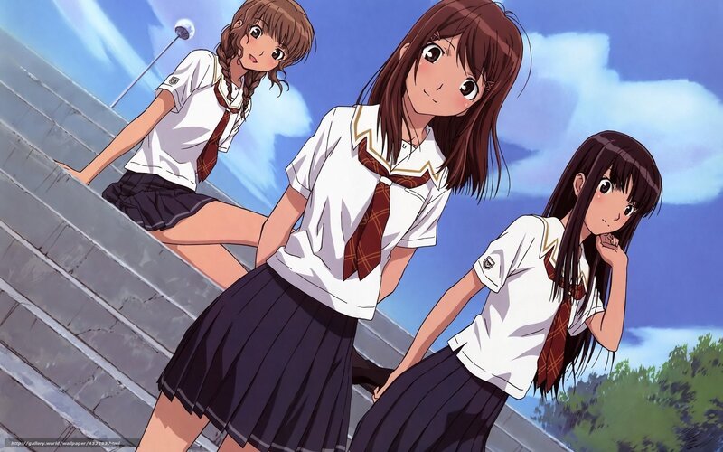Three Schoolgirls on Stairs — Blue, Calm, Afternoon, Anime, School Uniform