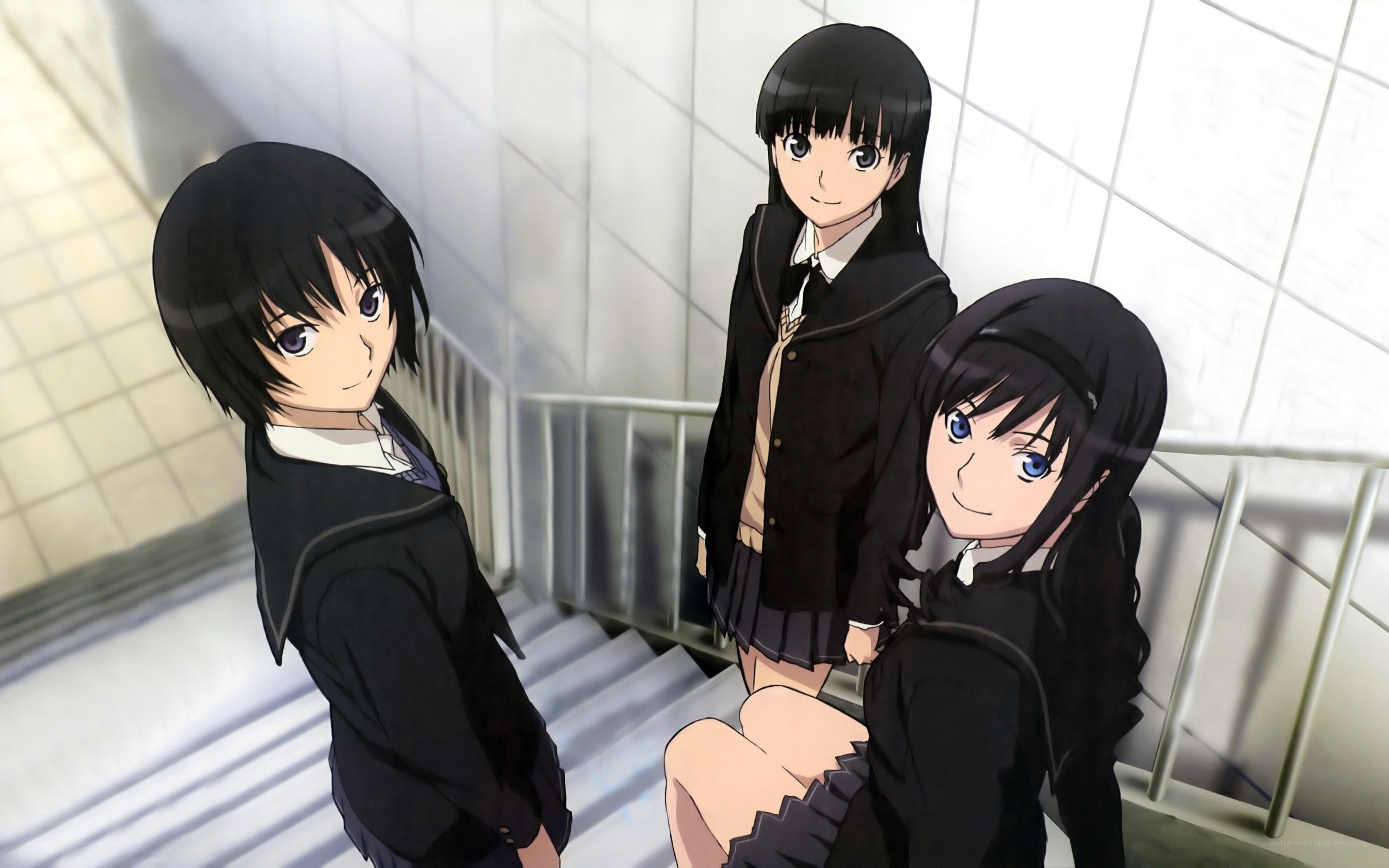 three schoolgirls on stairs