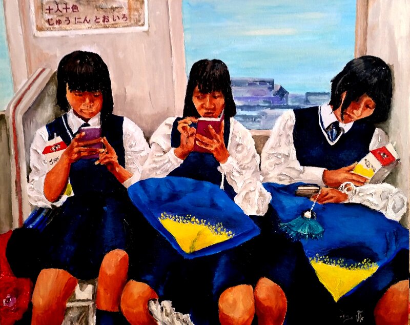 Three Schoolgirls on Train — Blue