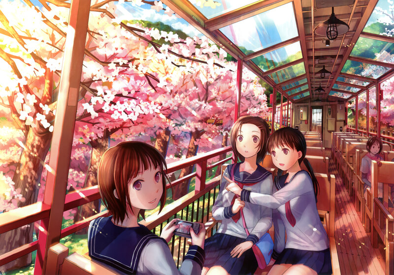 Three Schoolgirls on Train — Pink