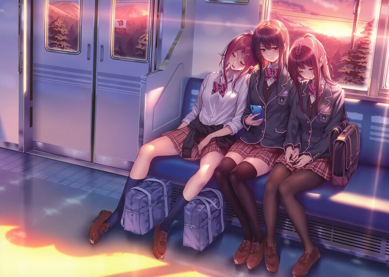 Three Schoolgirls on Train — Purple
