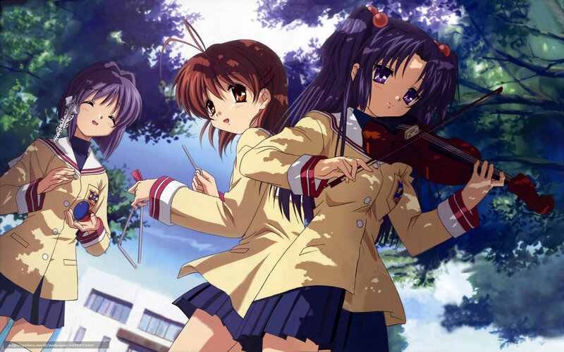 Three Schoolgirls Playing Instruments — Blue, Peaceful