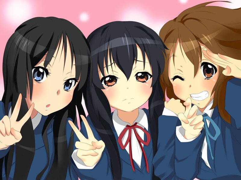 Three Schoolgirls Posing — Blue, Cheerful, Anime