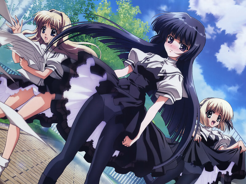 Three Schoolgirls Running — Blue, Dynamic