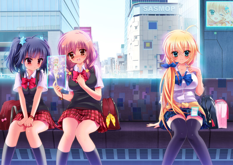Three Schoolgirls Sitting — Blue, Calm