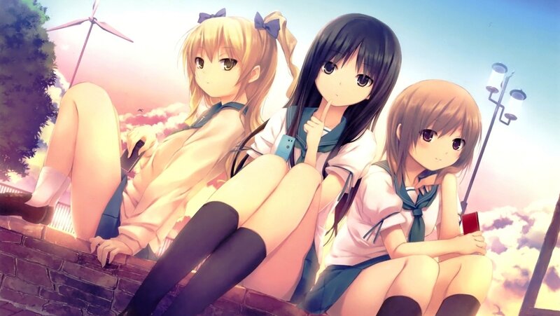 Three Schoolgirls Sitting — Blue, Serene, Sunset, Anime, School Uniforms, Wind Turbine