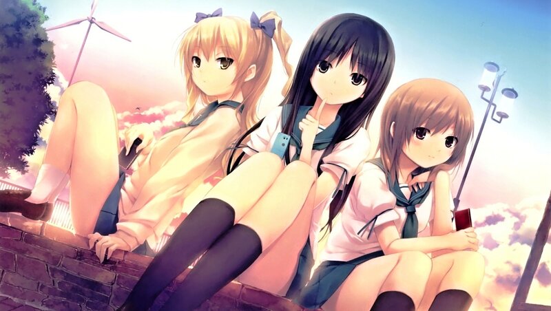 Three Schoolgirls Sitting — Blue, Serene, Sunset