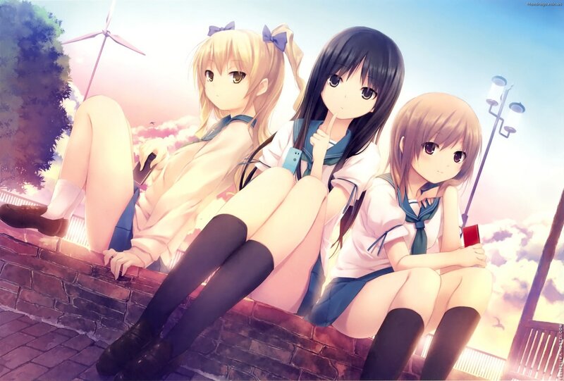 Three Schoolgirls Sitting — Blue, Serene