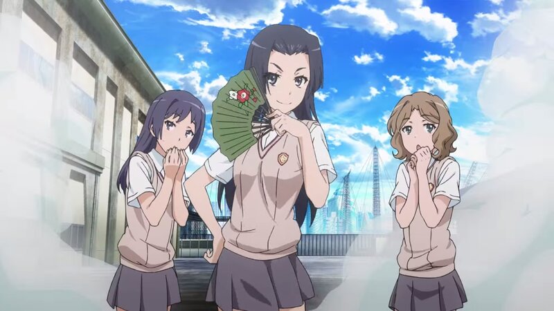 Three Schoolgirls Standing — Blue, Calm, Afternoon