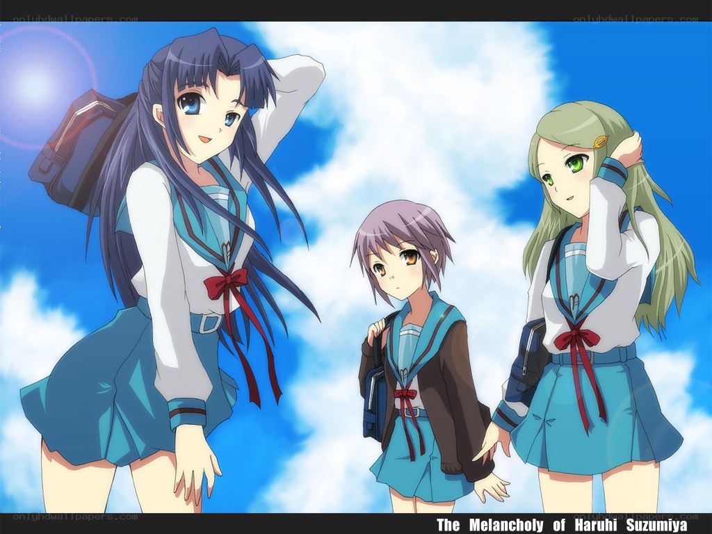 Three schoolgirls under a blue sky