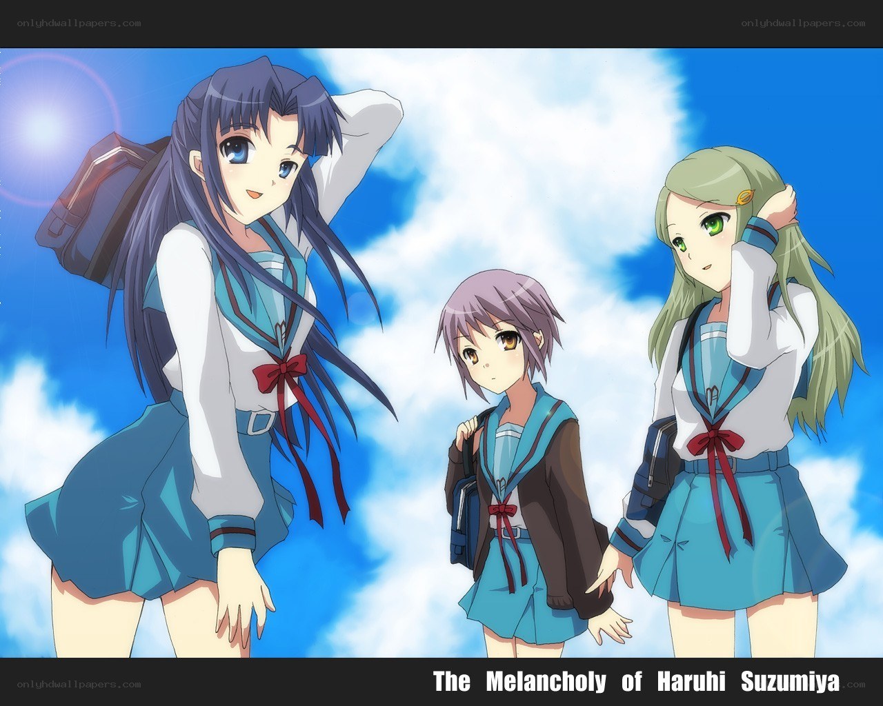 Three schoolgirls under blue sky